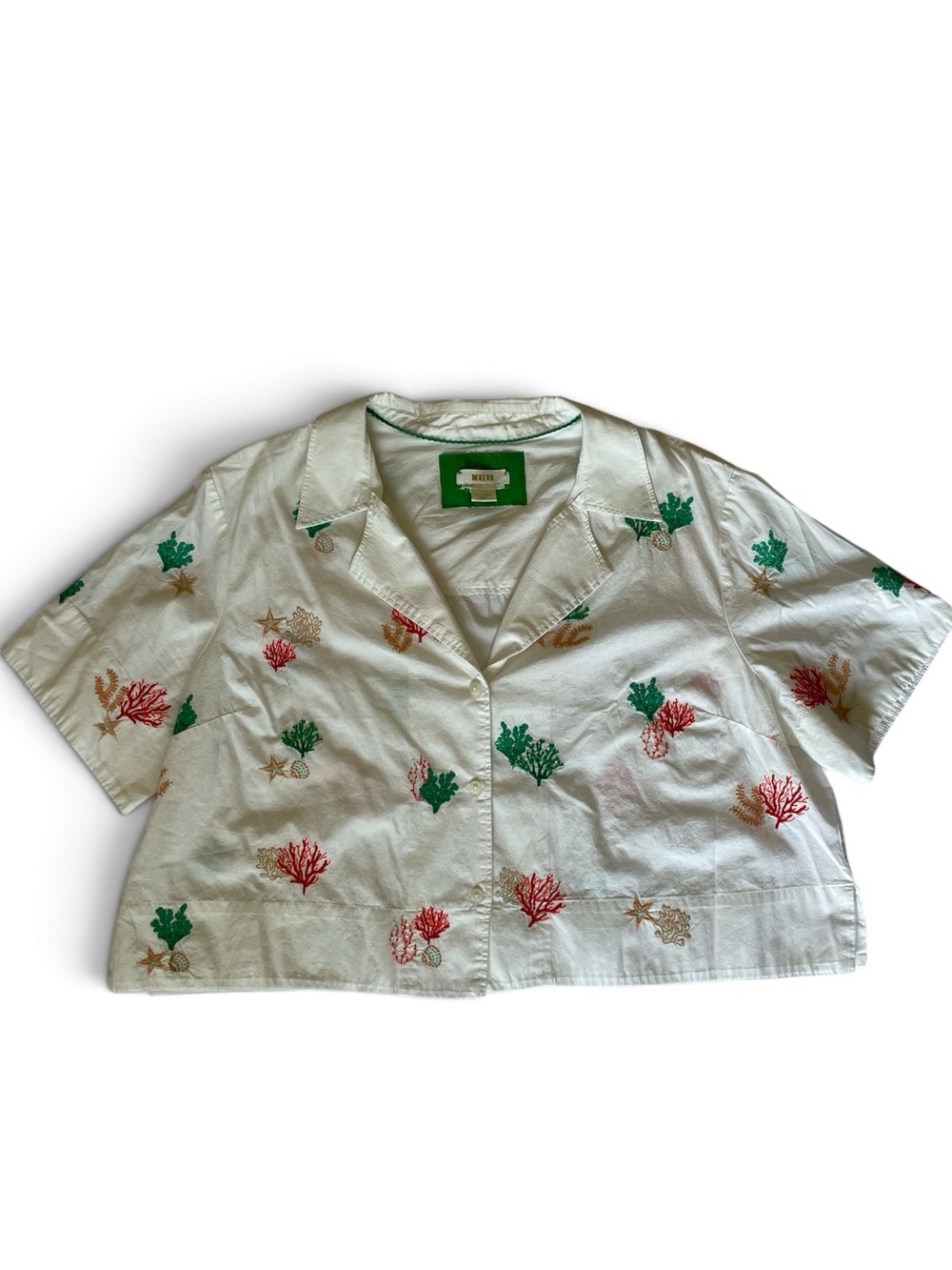 Maeve White Embroidered Coral Short Sleeve Top